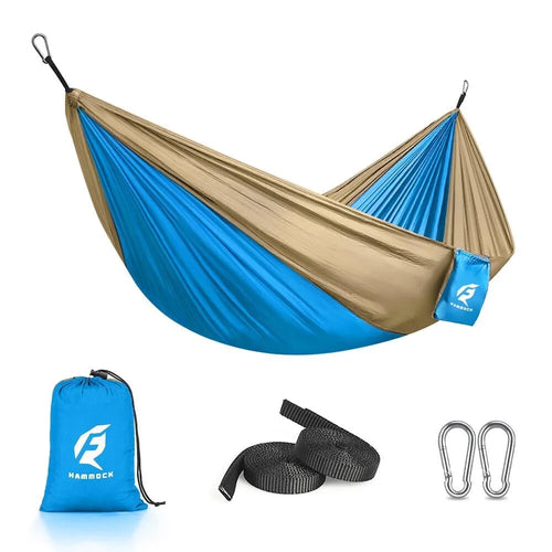 Experience the Outdoors with Our Lightweight Blue & Yellow Portable Single Camping Hammock – Supports Up to 330 lbs!
