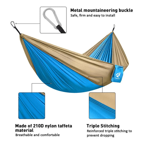 Experience the Outdoors with Our Lightweight Blue & Yellow Portable Single Camping Hammock – Supports Up to 330 lbs!
